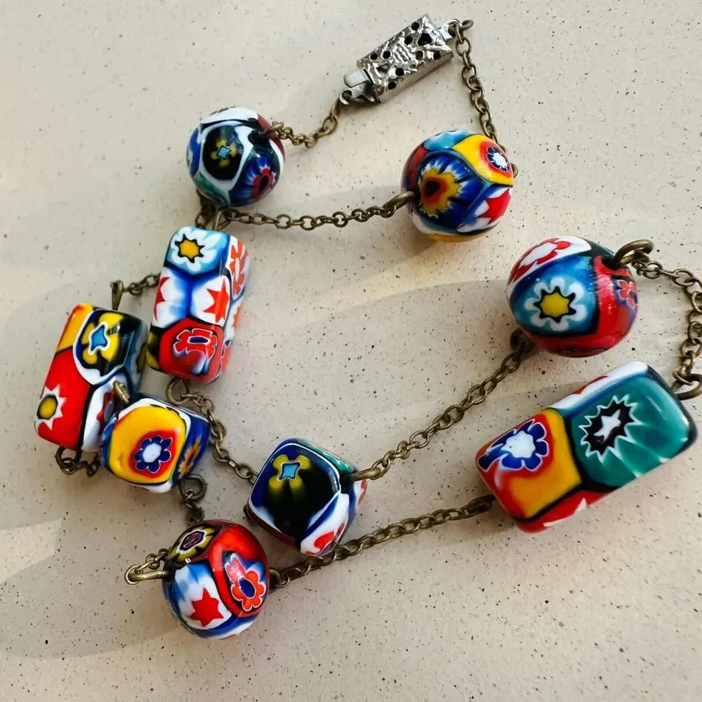 Vintage Venetian Murano Millefiori Bead Choker Necklace Mosaic Boho Art Deco